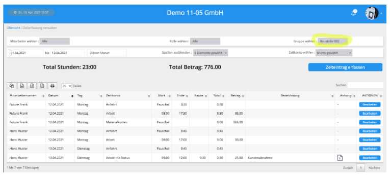 Arbeitszeittabelle in Zeiterfassungssoftware für Bauunternehmen