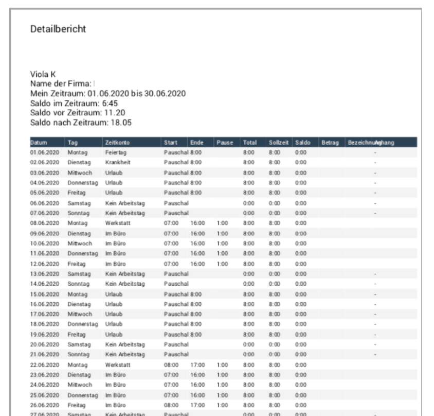 Beispiel für Detail-Bericht in Software zur Zeiterfassung